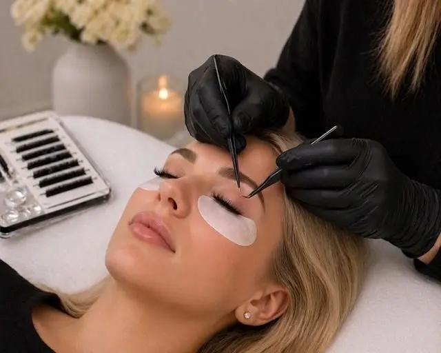 Klassische Wimpernverlängerung mit zwei Pinzetten an geschlossenen Augen