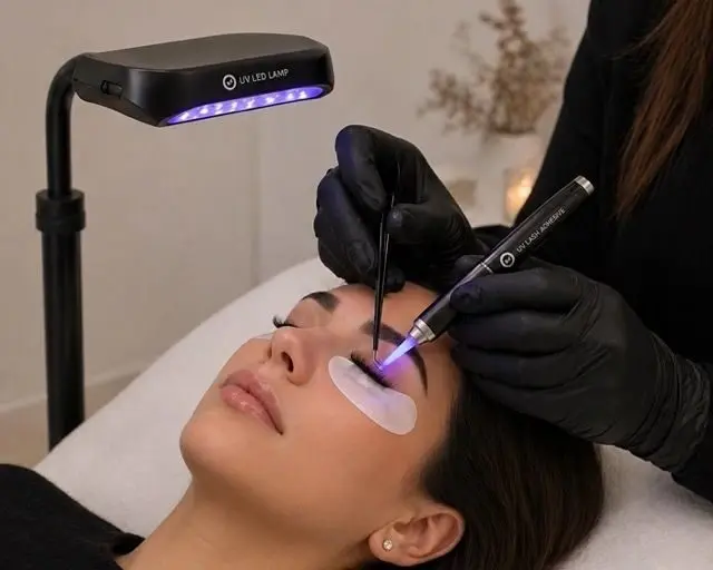 Wimpernbehandlung mit Pinzetten und einem Lichtgerät an der Augenpartie
